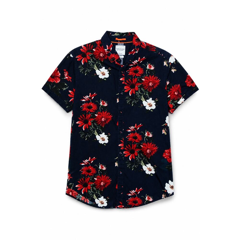 Denim & Flower Ricky Singh Slim Fit Floral SS Shirt Men's M Navy Red Cotton